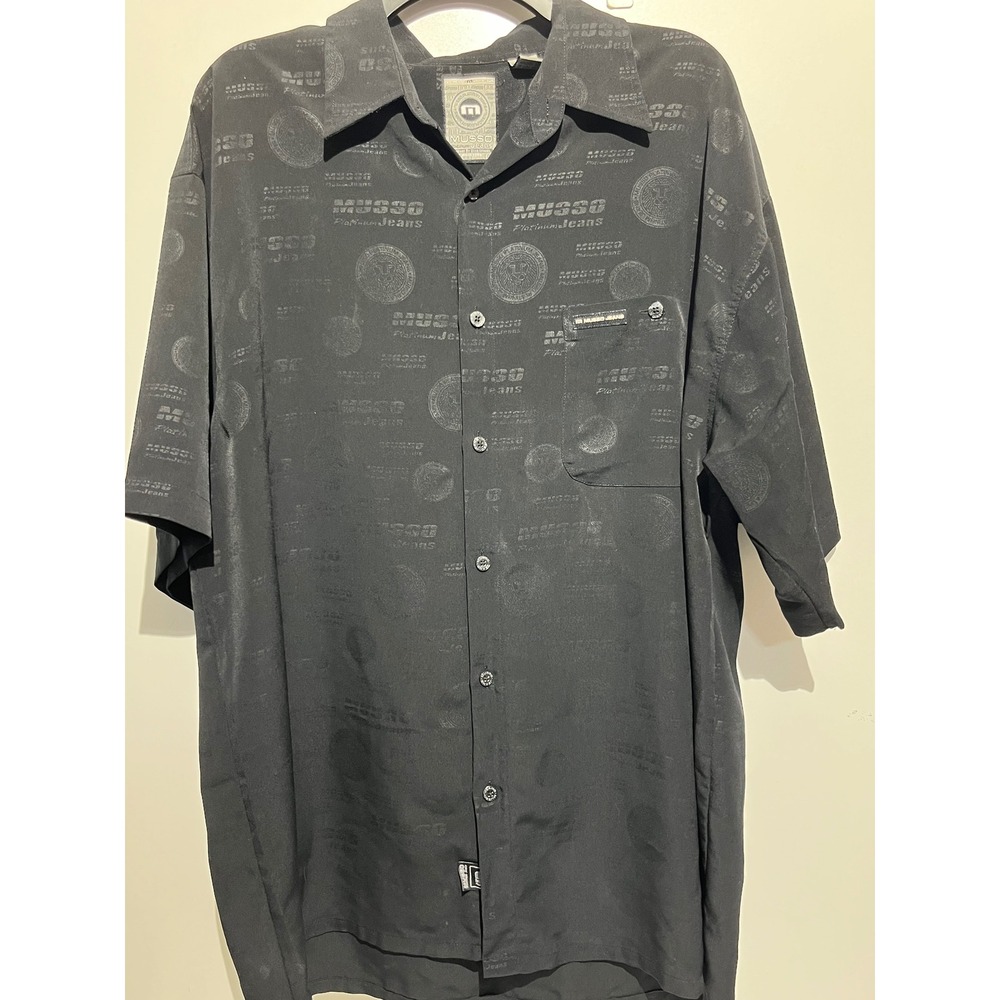 Musso Platinum Jeans Mens Black Monogram Jacquard Short Sleeve Button Down Shirt